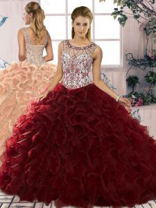 Burgundy Organza Lace Up Quinceanera Gown Sleeveless Floor Length Beading and Ruffles