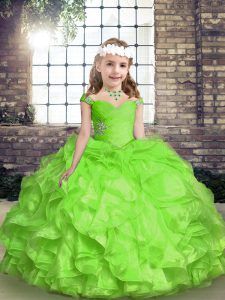 Organza Lace Up Spaghetti Straps Sleeveless Floor Length Kids Formal Wear Beading and Ruffles and Ruching