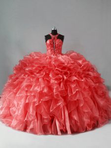 Luxury Coral Red Zipper Halter Top Beading and Ruffles Quince Ball Gowns Organza Sleeveless Brush Train