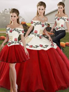 Artistic Off The Shoulder Sleeveless Lace Up 15th Birthday Dress White And Red Organza
