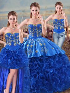 Royal Blue Sweetheart Neckline Embroidery and Ruffles Quinceanera Dresses Sleeveless Lace Up