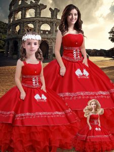 Sleeveless Satin Floor Length Lace Up Quinceanera Gowns in Red with Embroidery and Ruffles