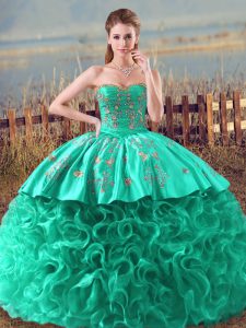 Designer Turquoise Fabric With Rolling Flowers Lace Up Sweetheart Sleeveless Quinceanera Dress Brush Train Embroidery and Ruffles