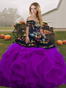 Fabulous Black And Purple Off The Shoulder Lace Up Embroidery and Ruffles Quinceanera Dress Sleeveless