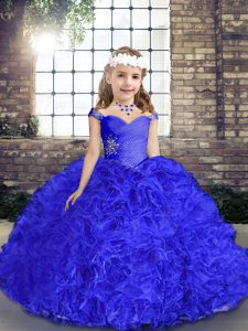 Flare Royal Blue Straps Neckline Beading Kids Pageant Dress Sleeveless Lace Up