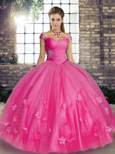 Pretty Off The Shoulder Sleeveless Sweet 16 Dresses Floor Length Beading and Appliques Hot Pink Tulle