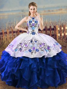 Sleeveless Organza Floor Length Lace Up 15th Birthday Dress in Blue And White with Embroidery and Ruffles