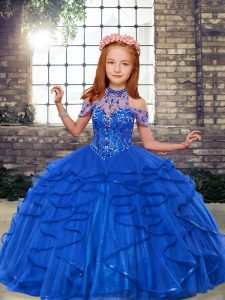Blue Tulle Lace Up Little Girl Pageant Gowns Sleeveless Floor Length Beading and Ruffles
