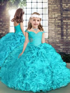Aqua Blue Ball Gowns Straps Sleeveless Organza Floor Length Lace Up Beading Kids Formal Wear