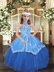Excellent Blue Sleeveless Floor Length Embroidery Lace Up Little Girl Pageant Dress