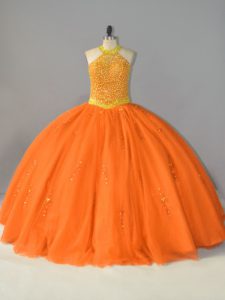 Orange Tulle Lace Up Quinceanera Dress Sleeveless Floor Length Beading