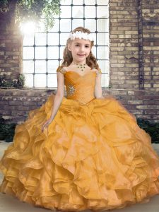 Gold Lace Up Straps Beading and Ruffles Little Girls Pageant Gowns Organza Sleeveless