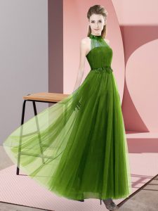Floor Length Lace Up Dama Dress for Quinceanera Olive Green for Wedding Party with Beading and Appliques