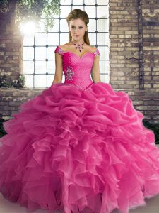 Hot Pink Sleeveless Organza Lace Up Ball Gown Prom Dress for Military Ball and Sweet 16 and Quinceanera