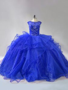 Royal Blue Ball Gowns Scoop Sleeveless Organza Brush Train Lace Up Beading and Ruffles 15th Birthday Dress