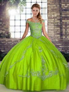Green Off The Shoulder Neckline Beading and Embroidery Quinceanera Gowns Sleeveless Lace Up