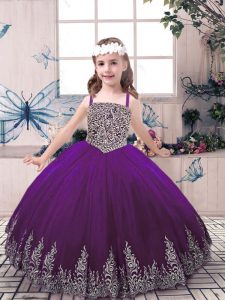 Low Price Straps Sleeveless Pageant Dress for Womens Floor Length Beading and Appliques Purple Tulle