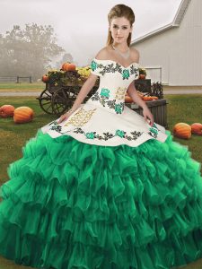Custom Designed Floor Length Turquoise Sweet 16 Dress Organza Sleeveless Embroidery and Ruffled Layers