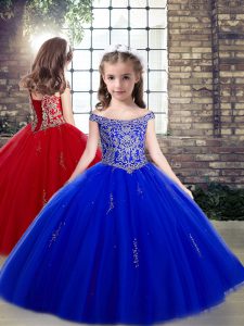 Royal Blue Beading and Appliques Pageant Dress Lace Up Tulle Sleeveless Floor Length