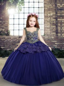 Purple Tulle Lace Up Straps Sleeveless Floor Length Pageant Dress for Teens Beading and Appliques