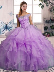 Attractive Off The Shoulder Sleeveless Organza Sweet 16 Dress Beading and Ruffles Lace Up