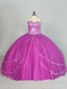 Graceful Fuchsia Sweetheart Lace Up Beading and Sequins Quince Ball Gowns Brush Train Sleeveless