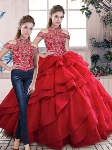 Pretty Red Organza Lace Up Quinceanera Dresses for Sweet 16 and Quinceanera