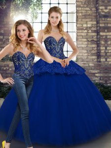 Luxurious Royal Blue Tulle Lace Up Sweetheart Sleeveless Floor Length Quinceanera Gown Beading and Appliques