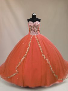 Flirting Brush Train Ball Gowns Quinceanera Dress Orange Sweetheart Tulle Sleeveless Lace Up