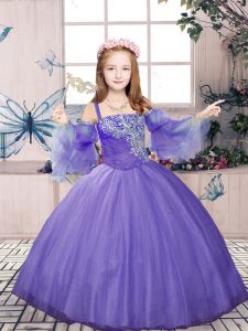 Fantastic Tulle Sleeveless Floor Length Little Girls Pageant Gowns and Beading