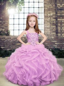 Latest Lavender Ball Gowns Straps Sleeveless Tulle Floor Length Lace Up Beading and Ruffles Little Girl Pageant Dress