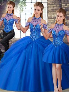 Fabulous Blue Halter Top Lace Up Beading and Pick Ups 15 Quinceanera Dress Brush Train Sleeveless