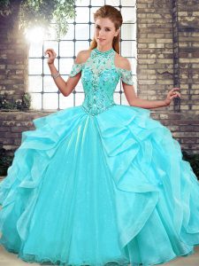 Smart Sleeveless Organza Floor Length Lace Up Quinceanera Gowns in Aqua Blue with Beading and Ruffles