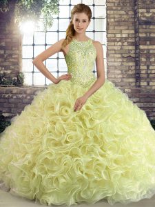 Romantic Yellow Green Fabric With Rolling Flowers Lace Up Scoop Sleeveless Floor Length Sweet 16 Dress Beading