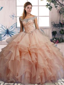 New Arrival Off The Shoulder Sleeveless Lace Up Sweet 16 Quinceanera Dress Pink Organza