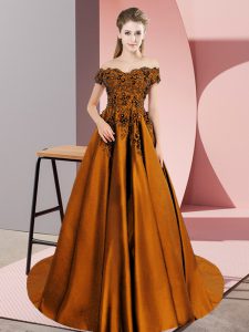 Unique Sleeveless Satin Court Train Zipper Quince Ball Gowns in Brown with Lace