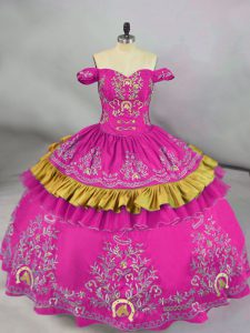 Romantic Sleeveless Floor Length Embroidery Side Zipper Quince Ball Gowns with Fuchsia