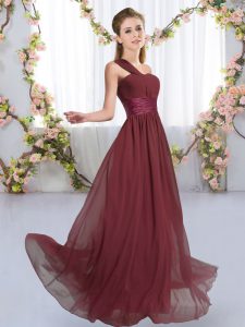 Fine Burgundy Lace Up Dama Dress Ruching Sleeveless Floor Length