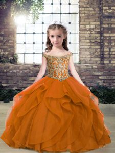 Smart Off The Shoulder Sleeveless Organza and Tulle Kids Formal Wear Beading Lace Up