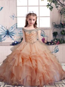 Peach Lace Up Pageant Gowns For Girls Beading and Ruffles Sleeveless Floor Length