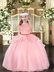 Inexpensive Baby Pink Ball Gowns Organza Scoop Sleeveless Beading Floor Length Zipper Little Girls Pageant Gowns
