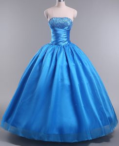 Great Strapless Sleeveless Sweet 16 Quinceanera Dress Floor Length Beading Blue Organza