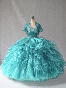 Turquoise Ball Gowns Strapless Sleeveless Organza Floor Length Lace Up Beading Ball Gown Prom Dress