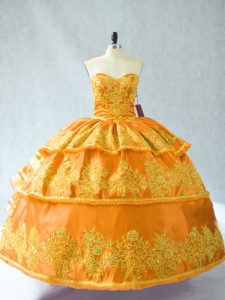 Gold Quinceanera Gowns Sweet 16 and Quinceanera with Embroidery and Ruffled Layers Sweetheart Sleeveless Lace Up