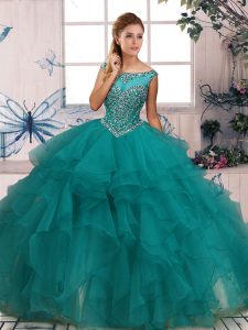 Ball Gowns Quinceanera Dress Turquoise Scoop Organza Sleeveless Floor Length Zipper
