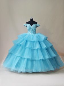 Organza and Tulle Off The Shoulder Sleeveless Lace Up Beading and Ruffled Layers Quinceanera Gowns in Aqua Blue