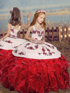 Delicate Embroidery and Ruffles Little Girls Pageant Gowns Red Lace Up Sleeveless Floor Length