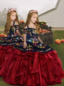 Enchanting Floor Length Wine Red Little Girls Pageant Gowns Straps Sleeveless Lace Up