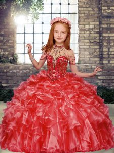 Discount Red Organza Lace Up Little Girls Pageant Gowns Sleeveless Floor Length Beading and Ruffles