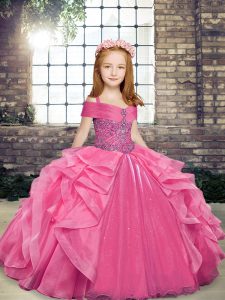 Top Selling Pink Lace Up Kids Pageant Dress Beading and Ruffles Sleeveless Floor Length